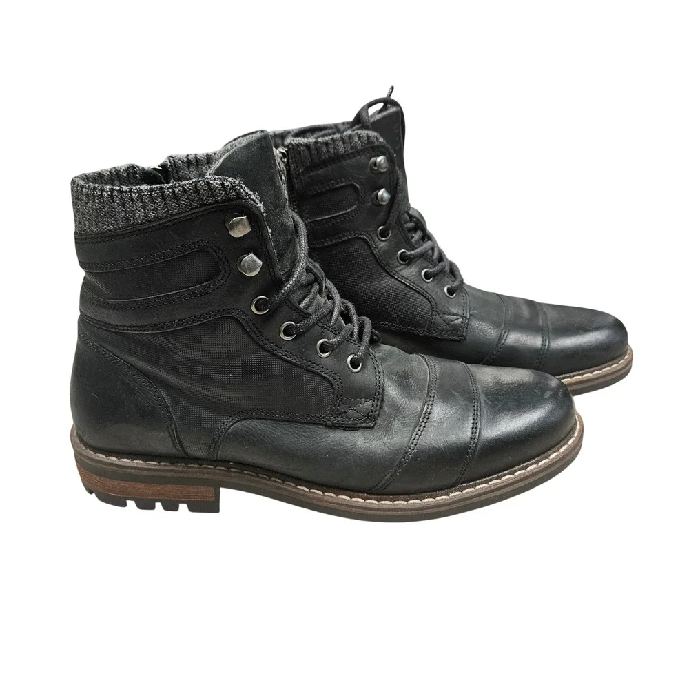 Crevo Cayson Combat Boots Mens 10 Black Leather Knit Collar Lace Up Side Zip Lug